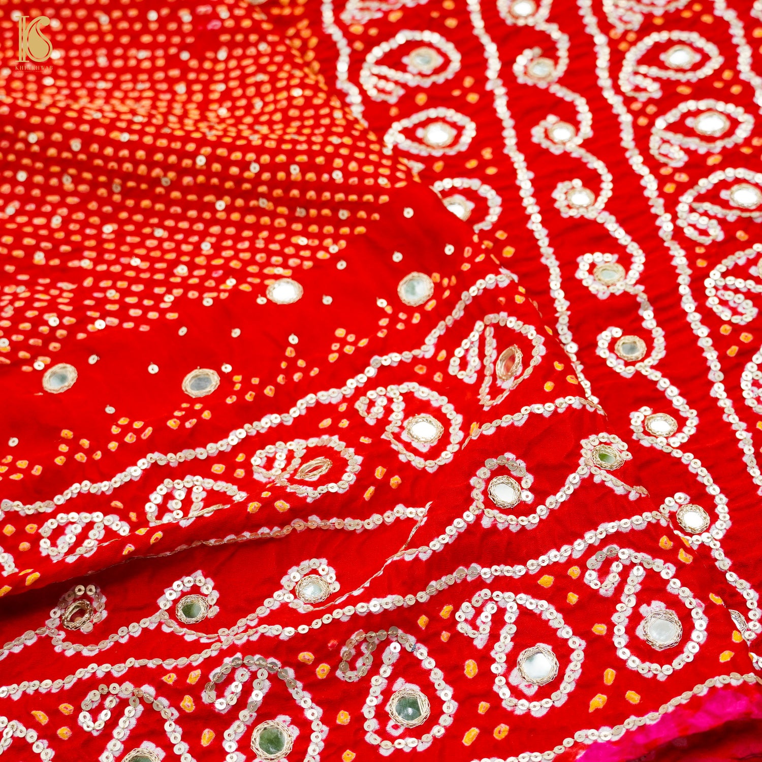 Red Gajji Silk Bandhani Gotta Patti &amp; Mirror Work Dupatta - Khinkhwab
