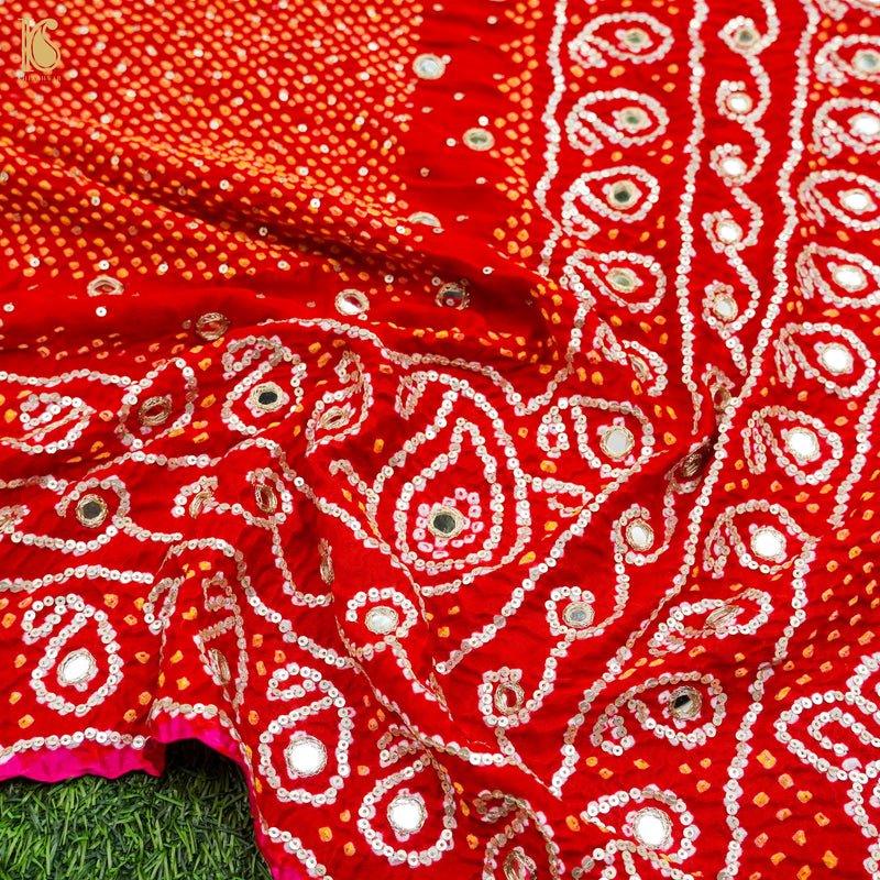 Red Gajji Silk Bandhani Gotta Patti & Mirror Work Dupatta - Khinkhwab