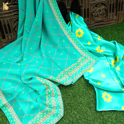 SITARA - Turquoise Blue Pure Sateen Silk Print Fabric - Khinkhwab