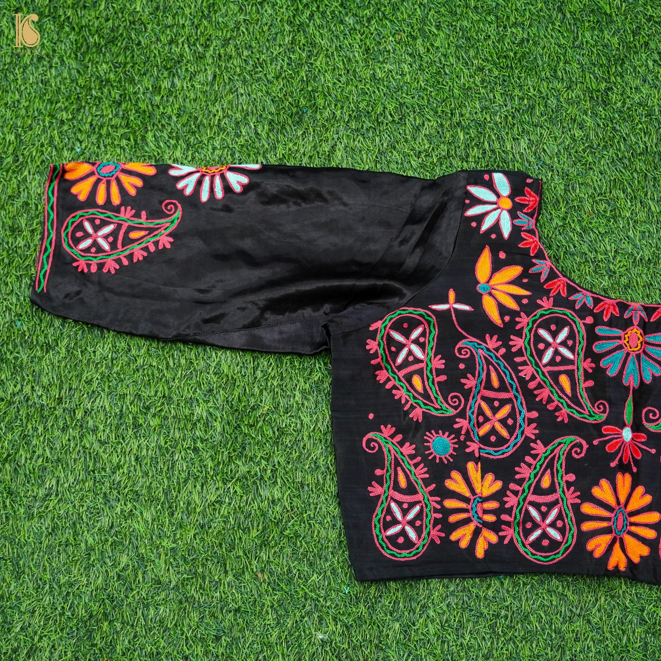 Black Pure Mashru Silk Stitched Blouse with Kutchi Embriodery - Khinkhwab