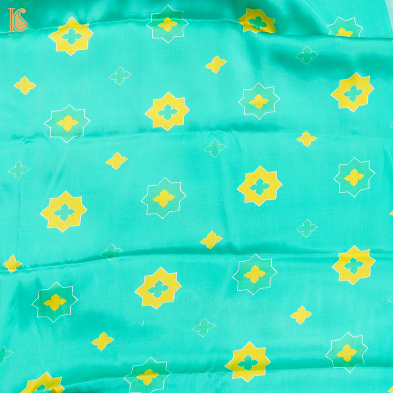SITARA - Turquoise Blue Pure Sateen Silk Print Fabric - Khinkhwab