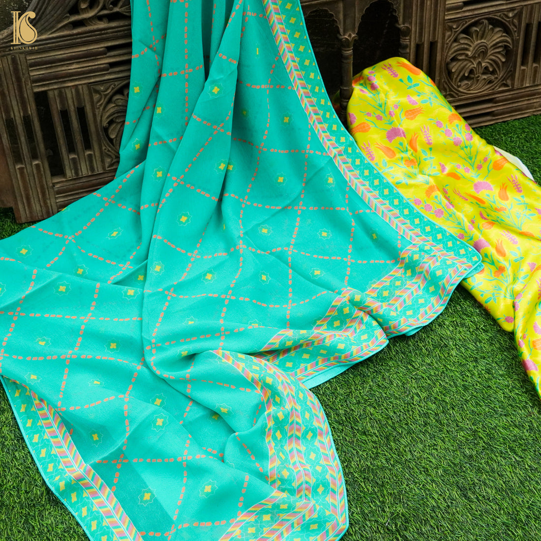 Lale- Pear Green Pure Sateen Silk Print Fabric - Khinkhwab