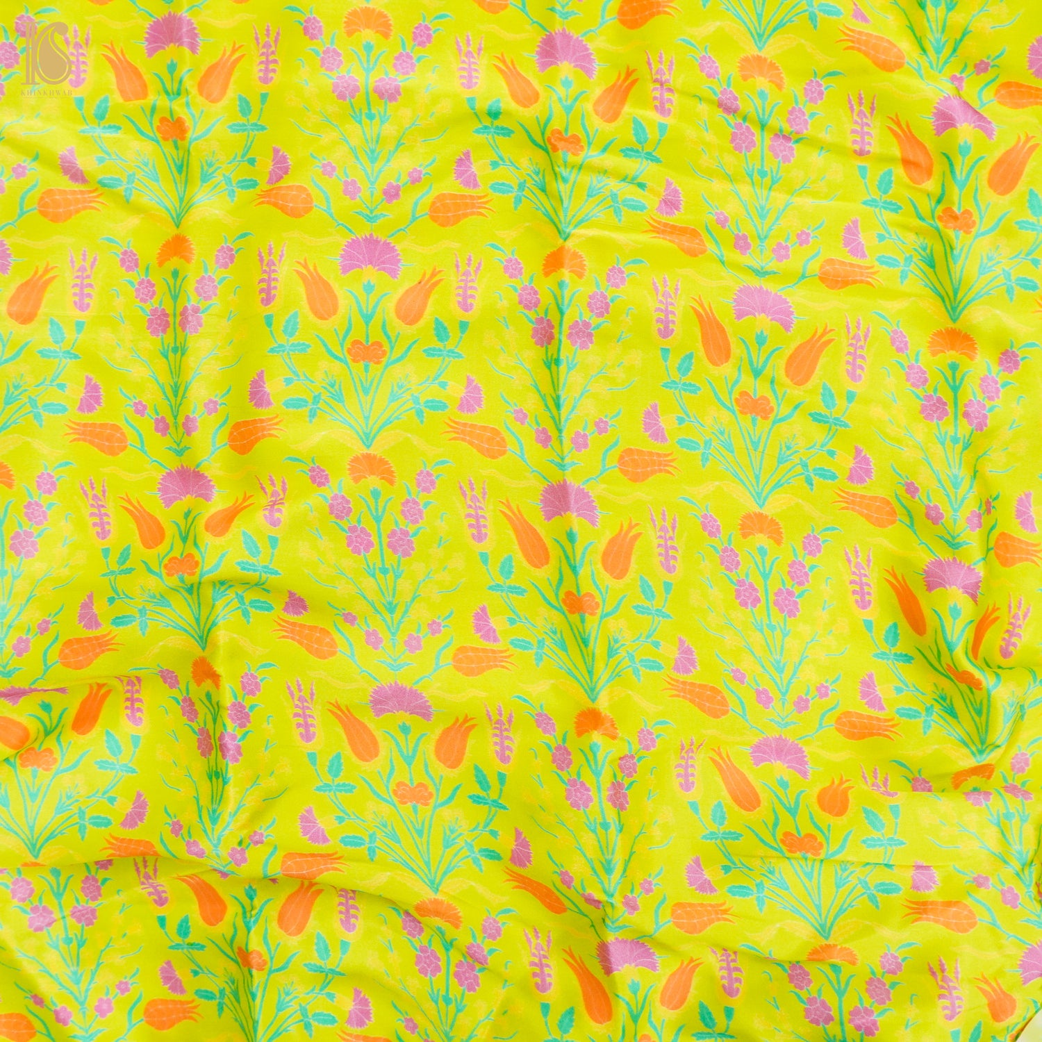 Lale- Pear Green Pure Sateen Silk Print Fabric - Khinkhwab