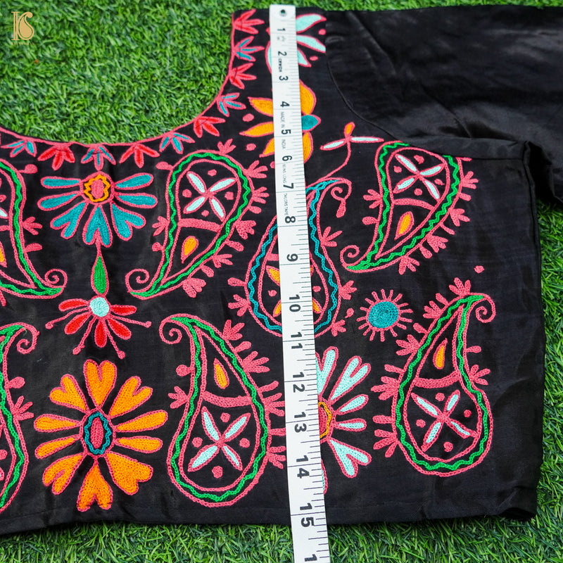 Black Pure Mashru Silk Stitched Blouse with Kutchi Embriodery - Khinkhwab