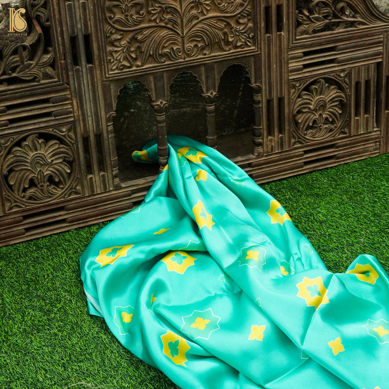 SITARA - Turquoise Blue Pure Sateen Silk Print Fabric - Khinkhwab
