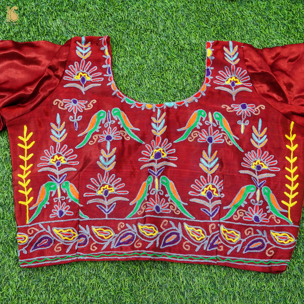 Red Pure Mashru Silk Stitched Blouse with Kutchi Embriodery - Khinkhwab