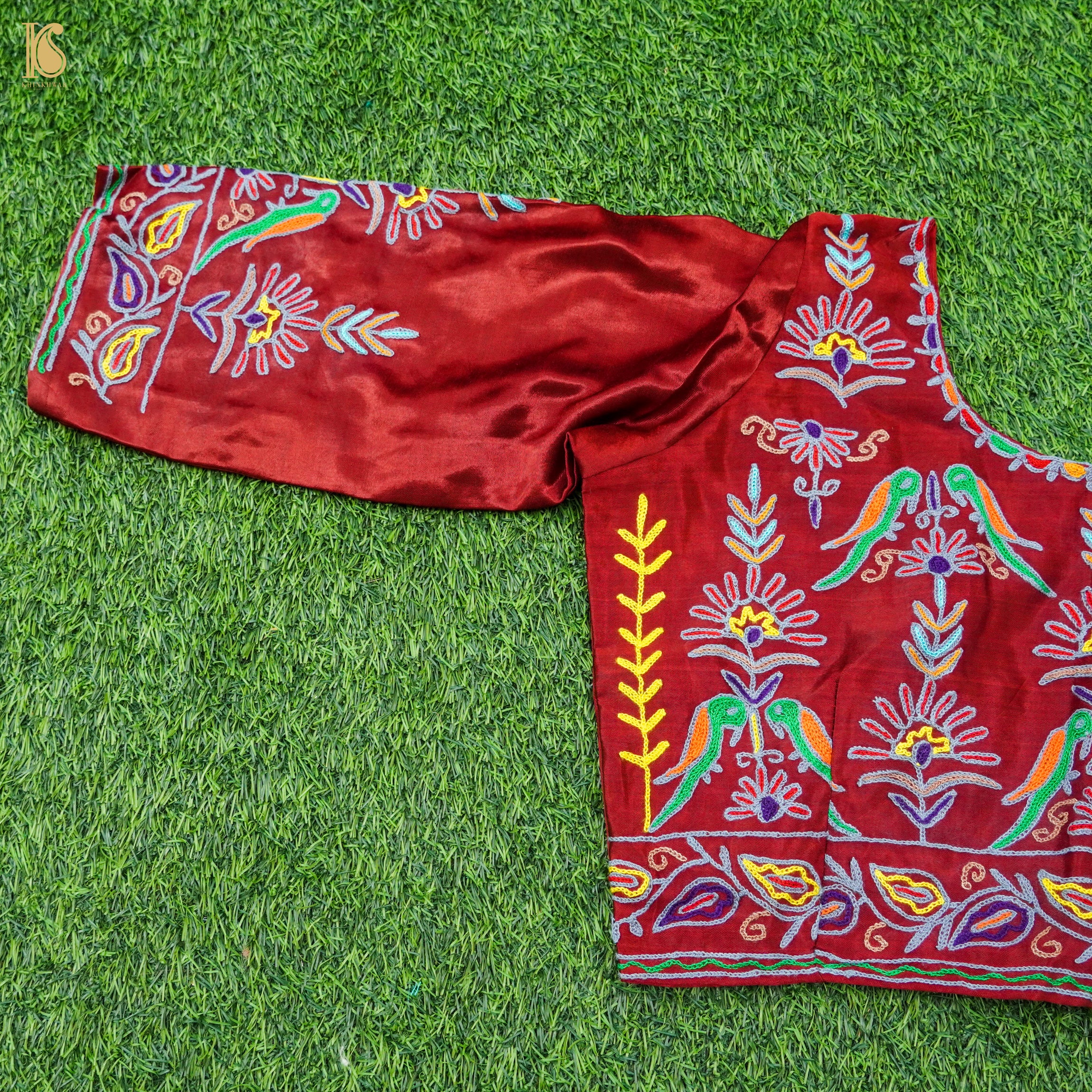 Red Pure Mashru Silk Stitched Blouse with Kutchi Embriodery - Khinkhwab