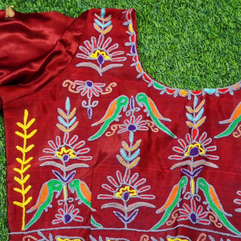 Red Pure Mashru Silk Stitched Blouse with Kutchi Embriodery - Khinkhwab