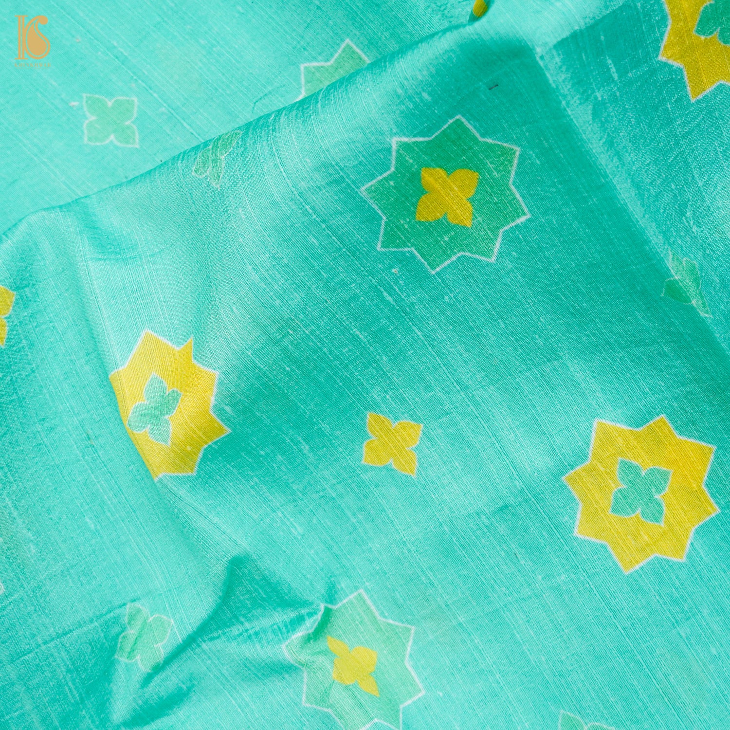 SITARA - Turquoise Pure Raw Silk Print Fabric - Khinkhwab