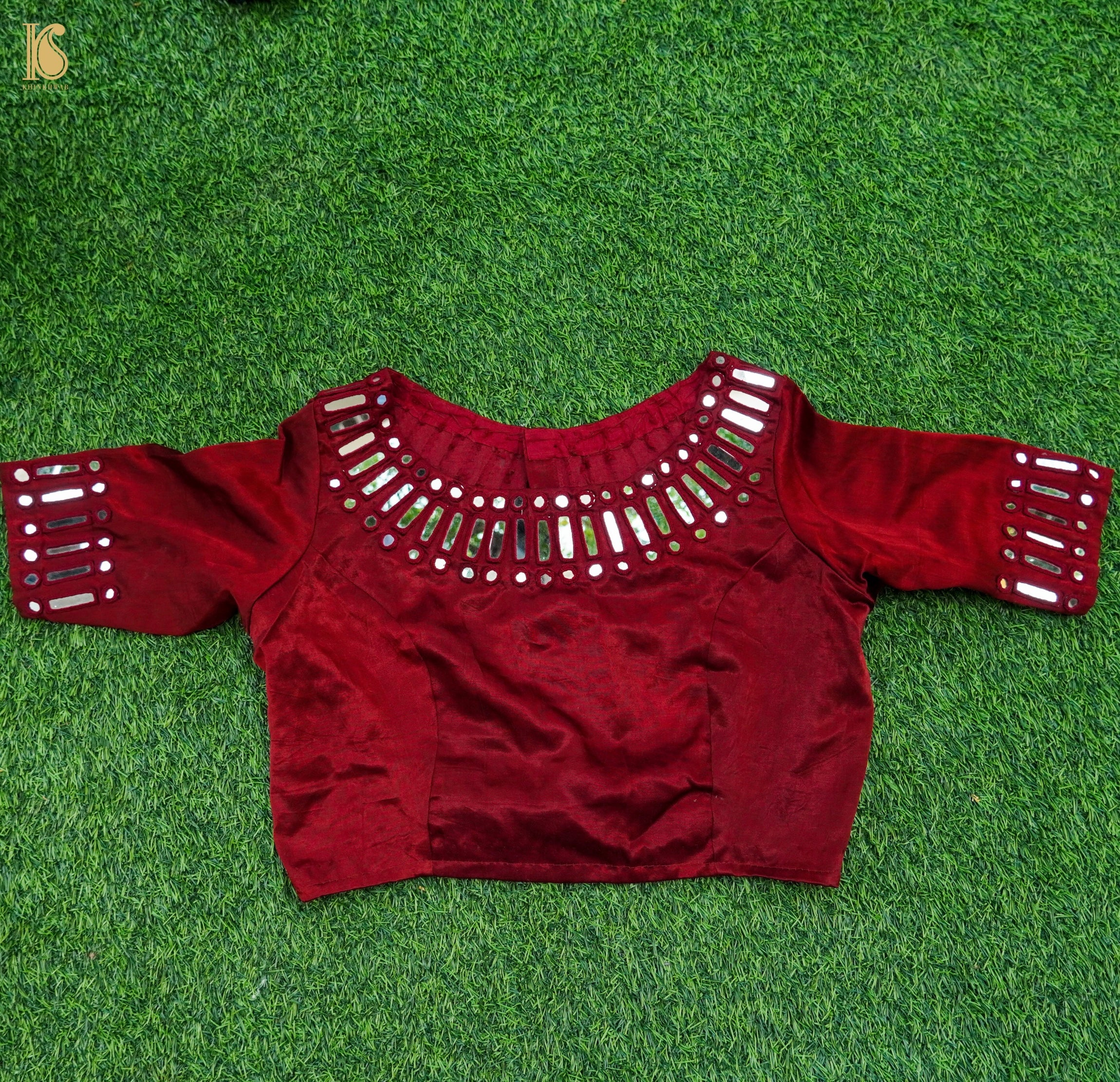 Red - Mutwa Hand Embroidery Kutch Mirror Work Mashru Silk Blouse Piece