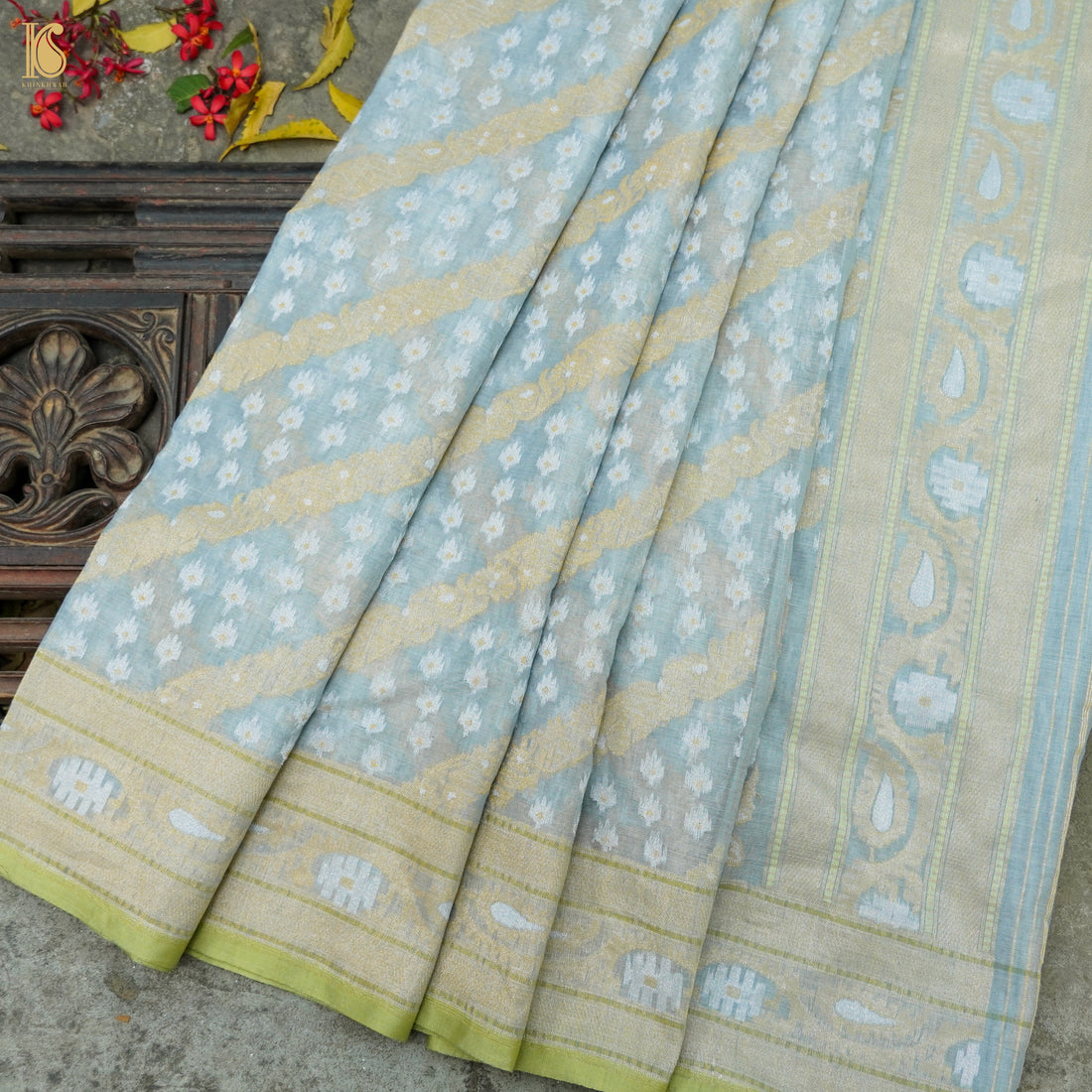 Iron Blue Pure Cotton Handloom Banarasi Jamdani Ektara Saree - Khinkhwab