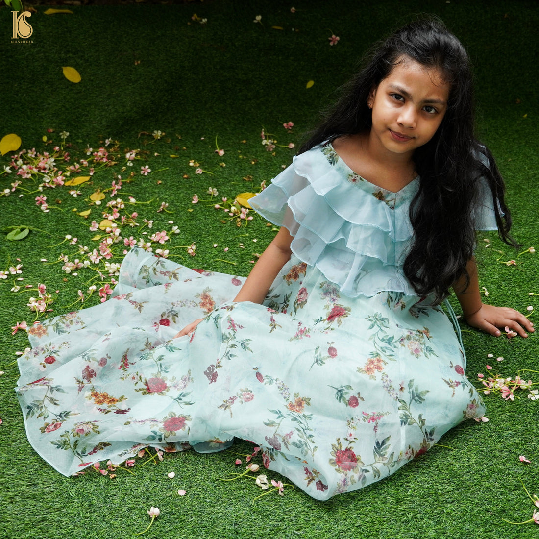 Blue Pure Floral Organza Kids Stitched Lehenga Set - Khinkhwab