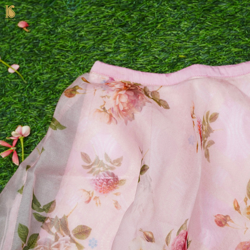 Baby Pink Pure Floral Organza Kids Stitched Lehenga Set with Pure Silk Blouse - Khinkhwab