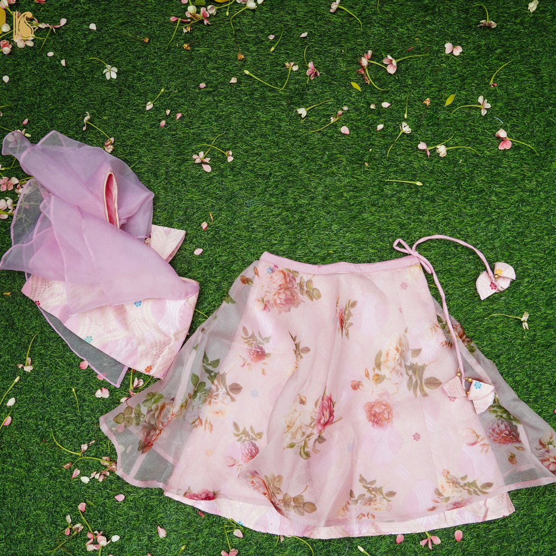 Baby Pink Pure Floral Organza Kids Stitched Lehenga Set with Pure Silk Blouse - Khinkhwab