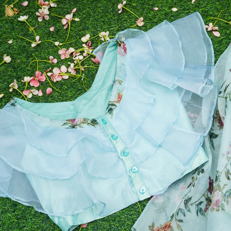 Blue Pure Floral Organza Kids Stitched Lehenga Set - Khinkhwab