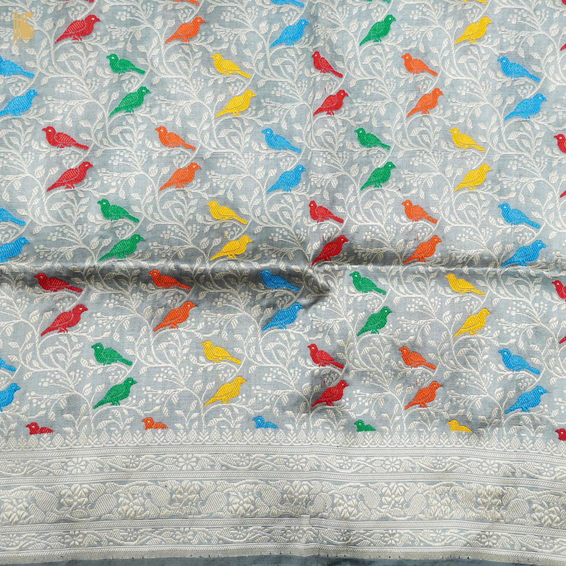 Handwoven Grey Pure Katan Silk Banarasi Birds Fabric - Khinkhwab