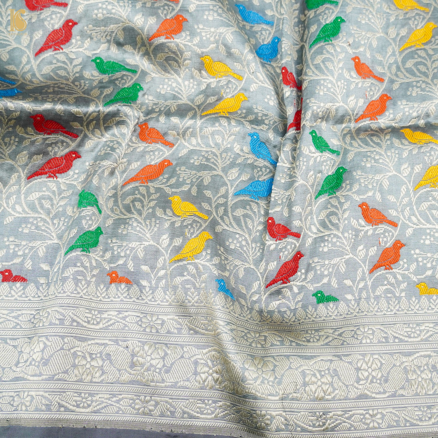Handwoven Grey Pure Katan Silk Banarasi Birds Fabric - Khinkhwab