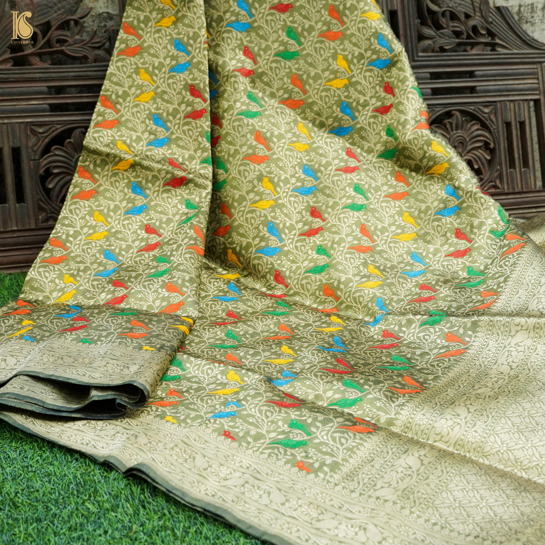 Green Smoke Pure Katan Silk Handwoven Banarasi Jaal Bird Dupatta - Khinkhwab