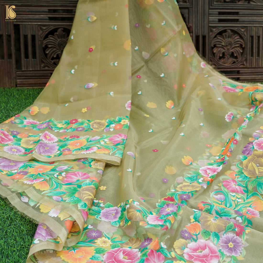 Pastel Green Pure Organza Silk Dupatta with Hand Print - Khinkhwab