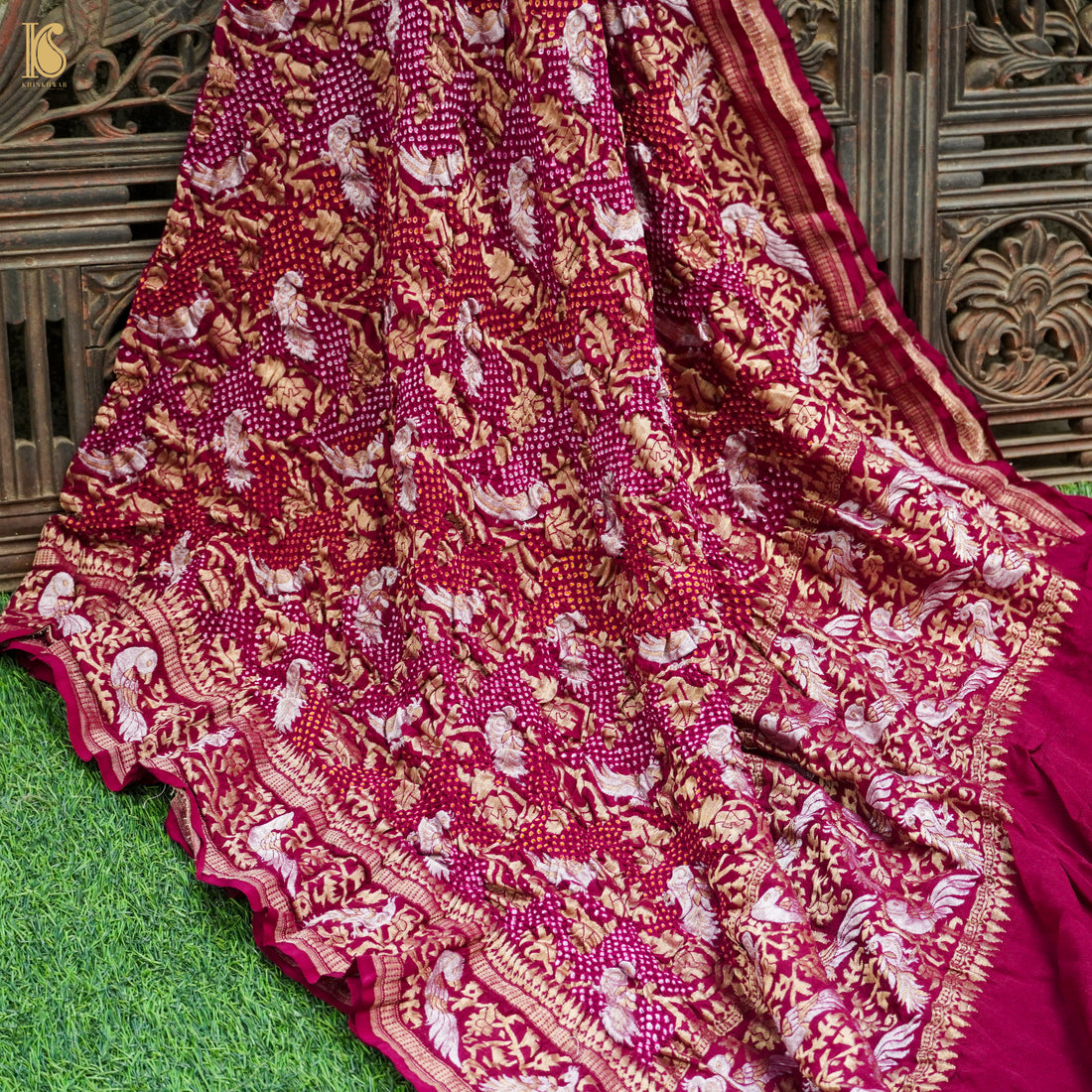 Burgundy Red Georgette Handloom Bandhani Banarasi Birds Dupatta - Khinkhwab