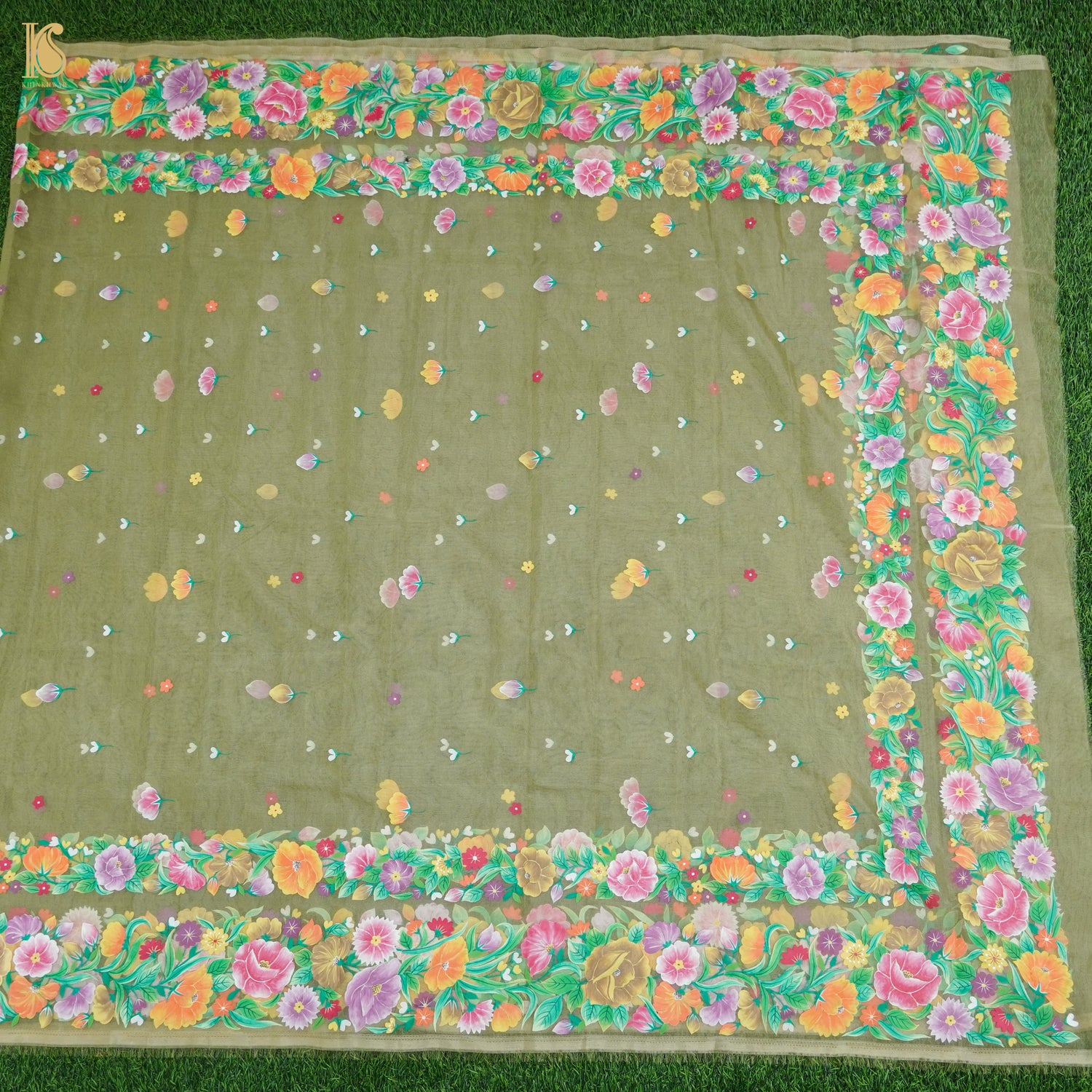 Pastel Green Pure Organza Silk Dupatta with Hand Print - Khinkhwab