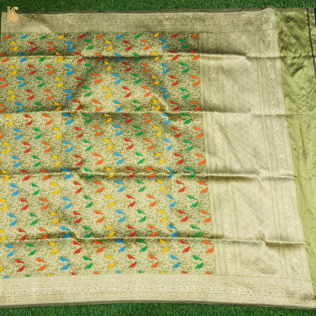 Green Smoke Pure Katan Silk Handwoven Banarasi Jaal Bird Dupatta - Khinkhwab