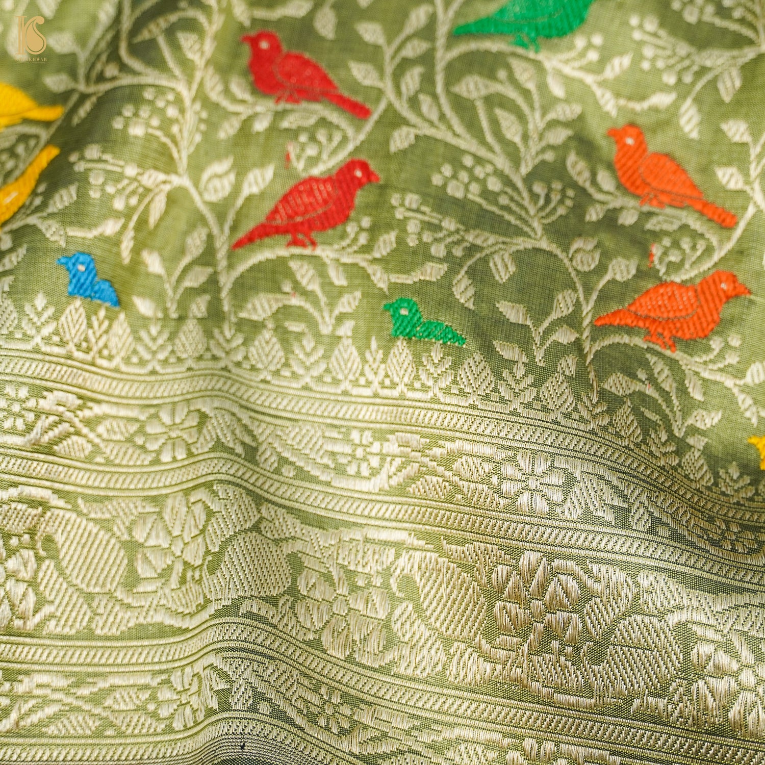 Green Smoke Pure Katan Silk Handwoven Banarasi Jaal Bird Dupatta - Khinkhwab
