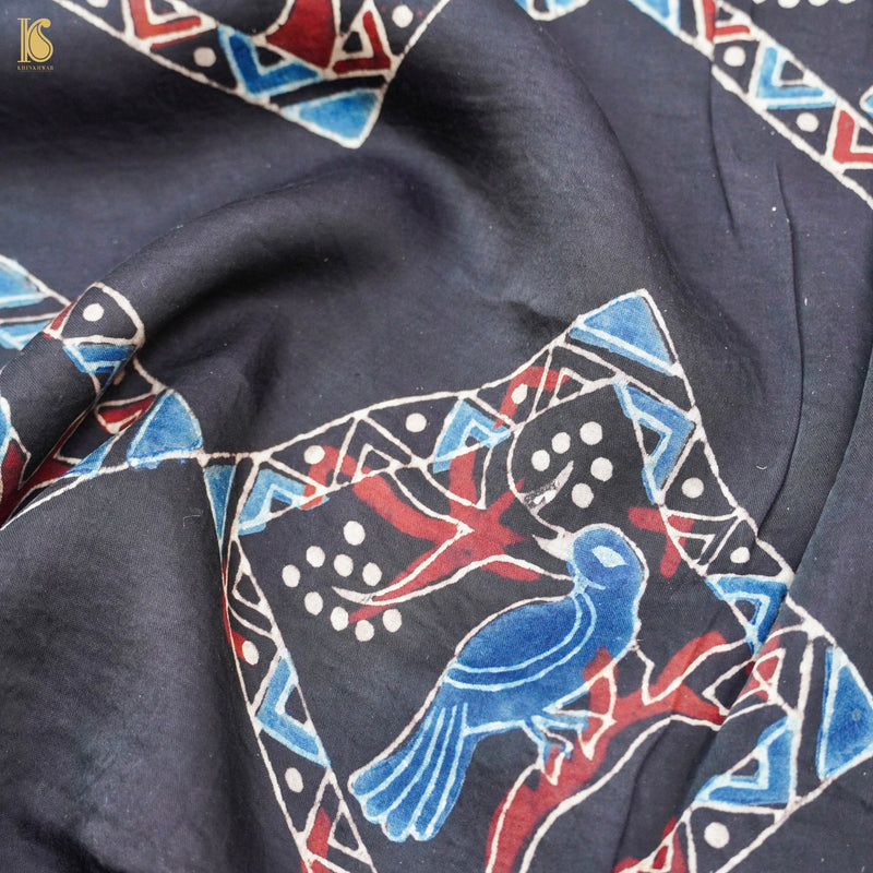 Pakshi - Black Pure Modal Silk Ajrakh Fabric