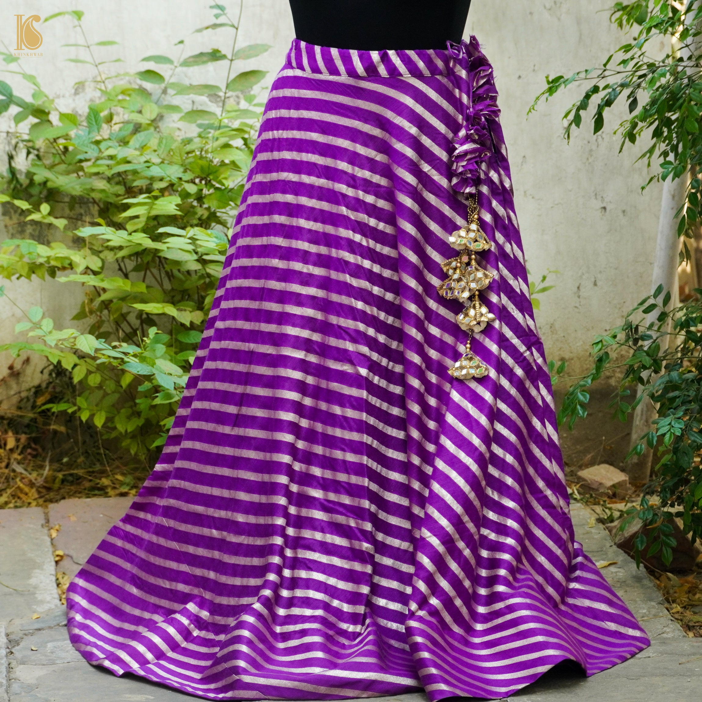 Magenta Handloom Moonga Silk Banarasi Stripes Stitched Lehenga - Khinkhwab