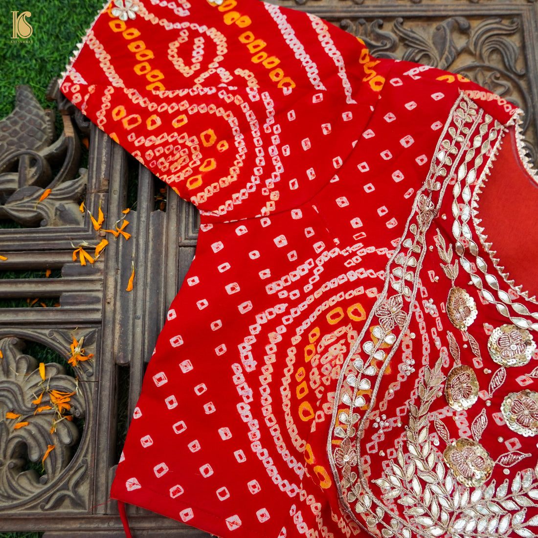 Red Hand Embroidered Pure Georgette Bandhani Stitched Blouse - Khinkhwab