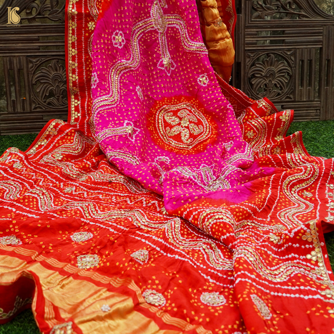 Red & Pink Pure Gajji Silk Bandhani Gotta Patti Dupatta - Khinkhwab