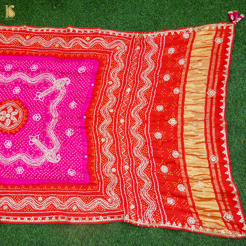 Red & Pink Pure Gajji Silk Bandhani Gotta Patti Dupatta - Khinkhwab