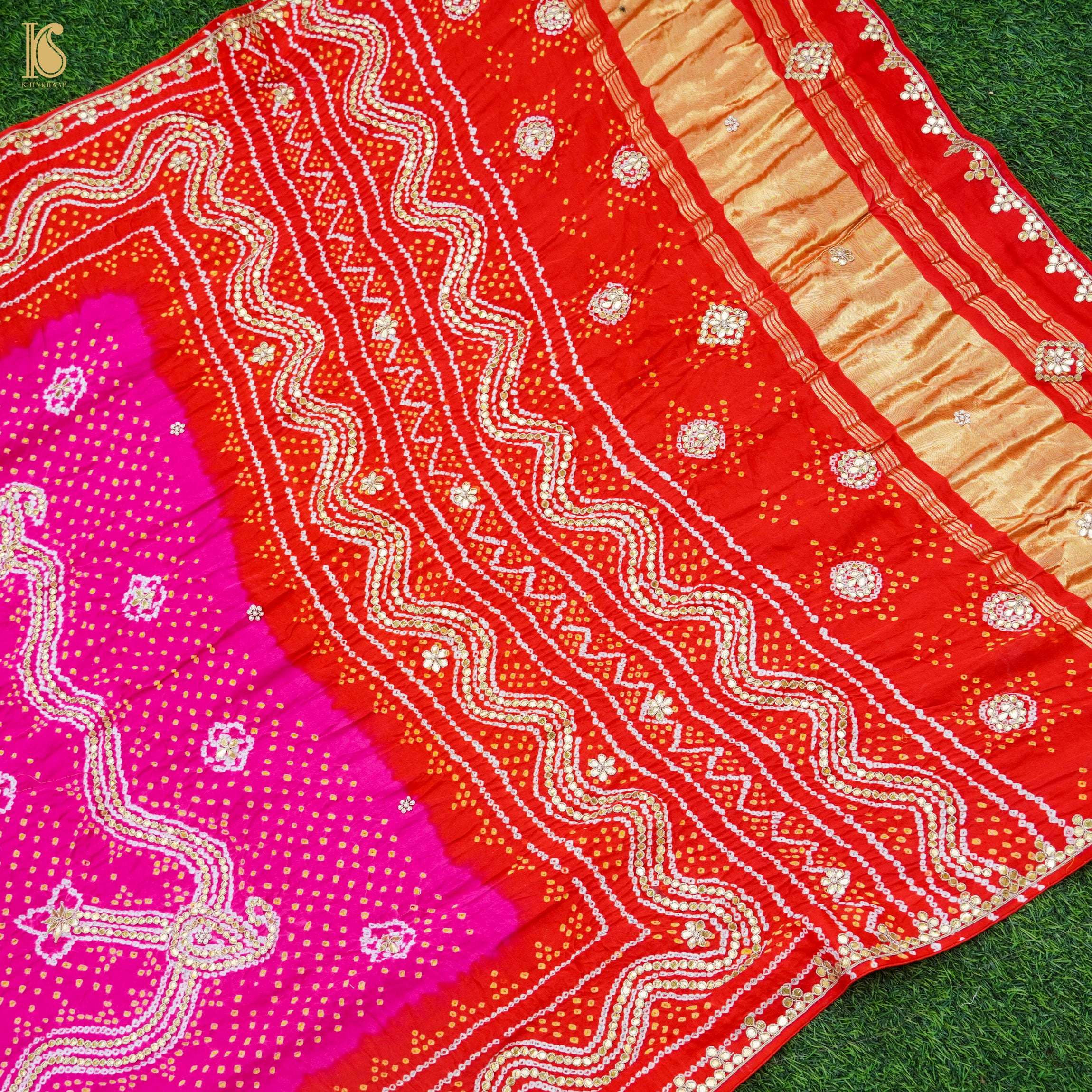 Red &amp; Pink Pure Gajji Silk Bandhani Gotta Patti Dupatta - Khinkhwab