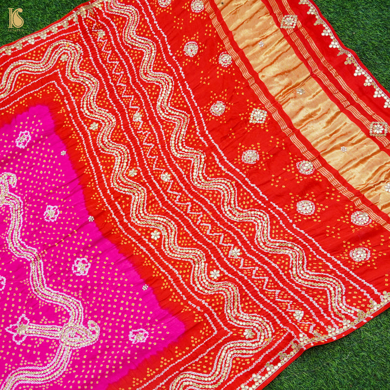 Red & Pink Pure Gajji Silk Bandhani Gotta Patti Dupatta - Khinkhwab