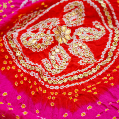 Red &amp; Pink Pure Gajji Silk Bandhani Gotta Patti Dupatta - Khinkhwab
