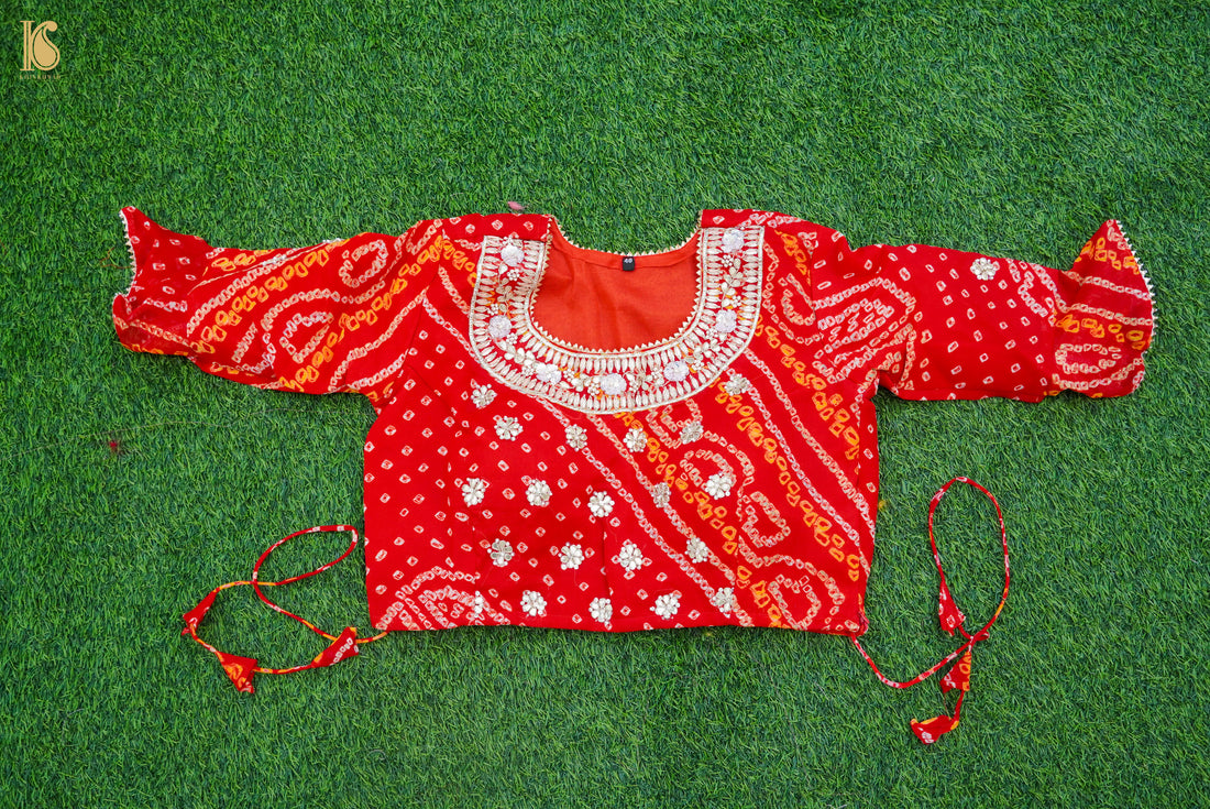 Red Hand Embroidered Pure Georgette Bandhani Stitched Blouse - Khinkhwab