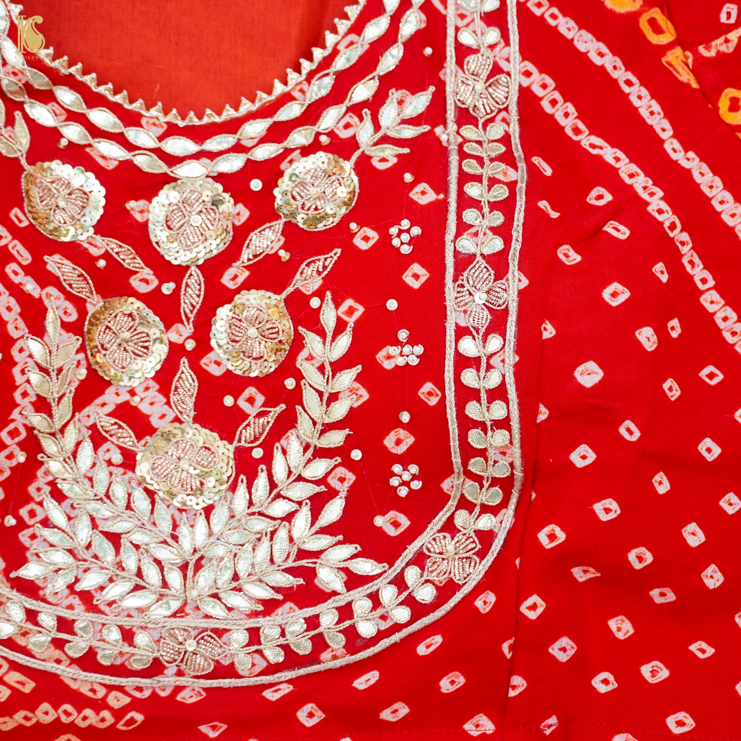 Red Hand Embroidered Pure Georgette Bandhani Stitched Blouse - Khinkhwab