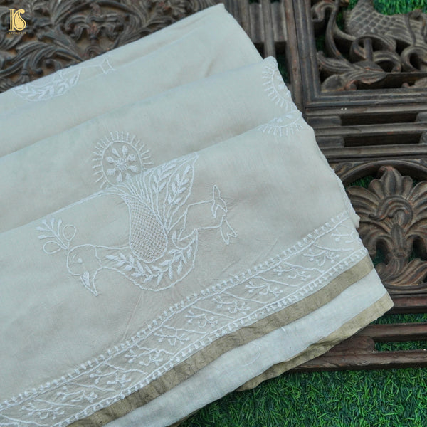 Handcrafted White Pure Moonga Silk Chikankari Saree