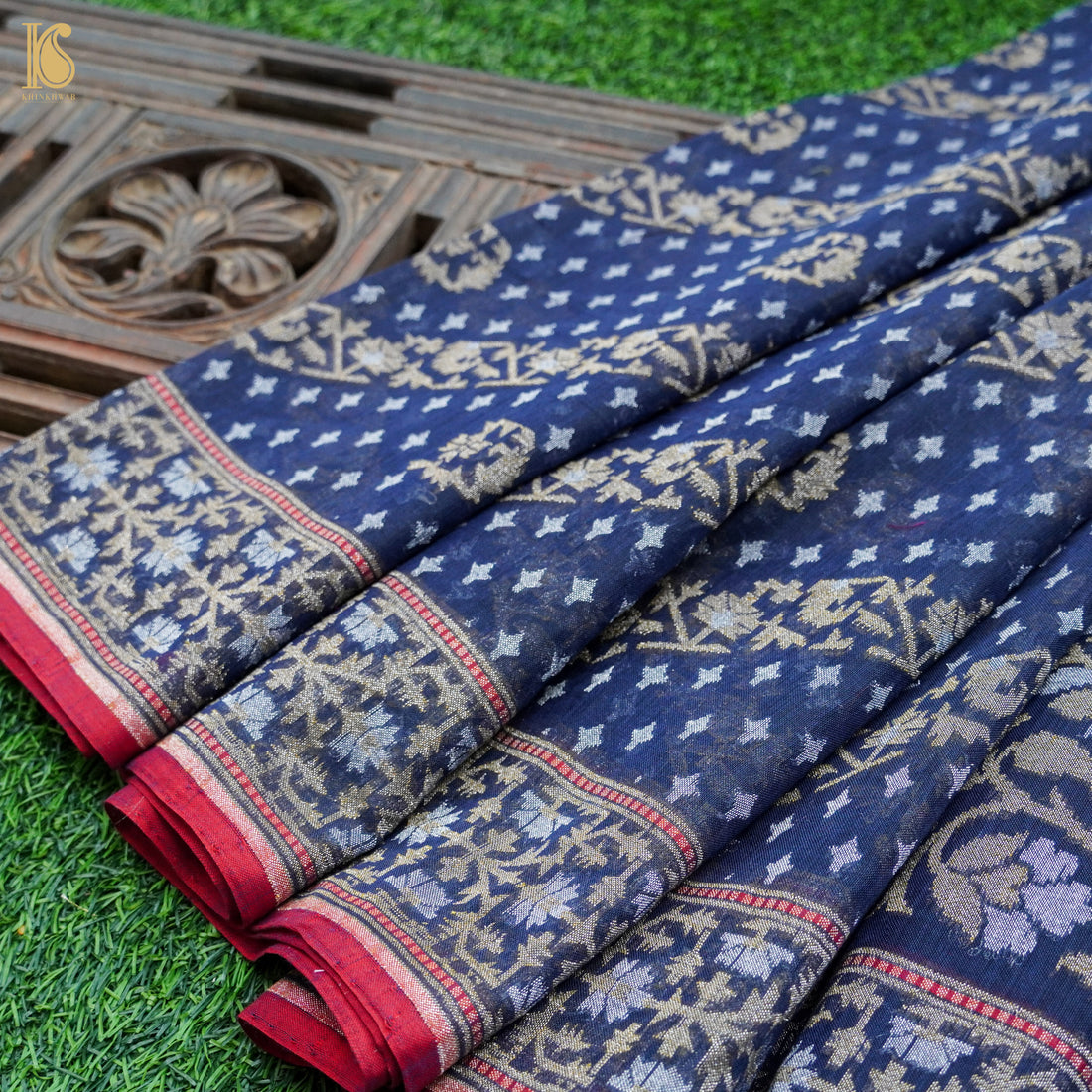 Blue Pure Cotton Handloom Banarasi Jamdani Ektara Saree - Khinkhwab