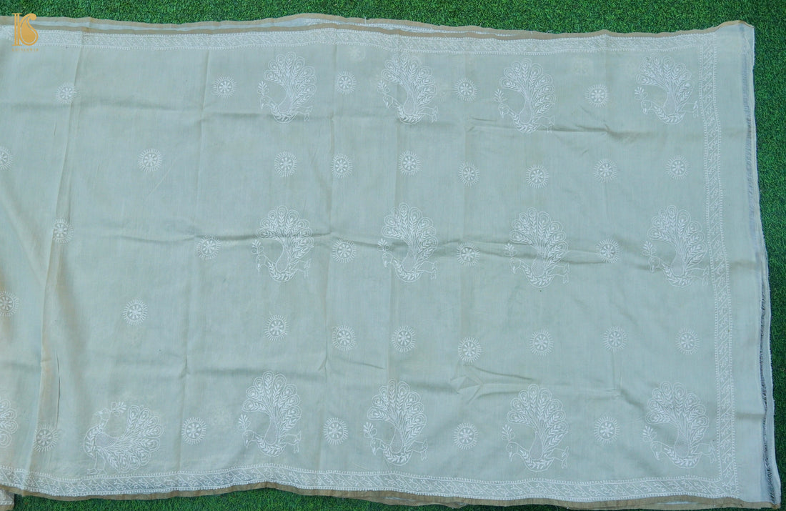 Handcrafted White Pure Moonga Silk Chikankari Saree