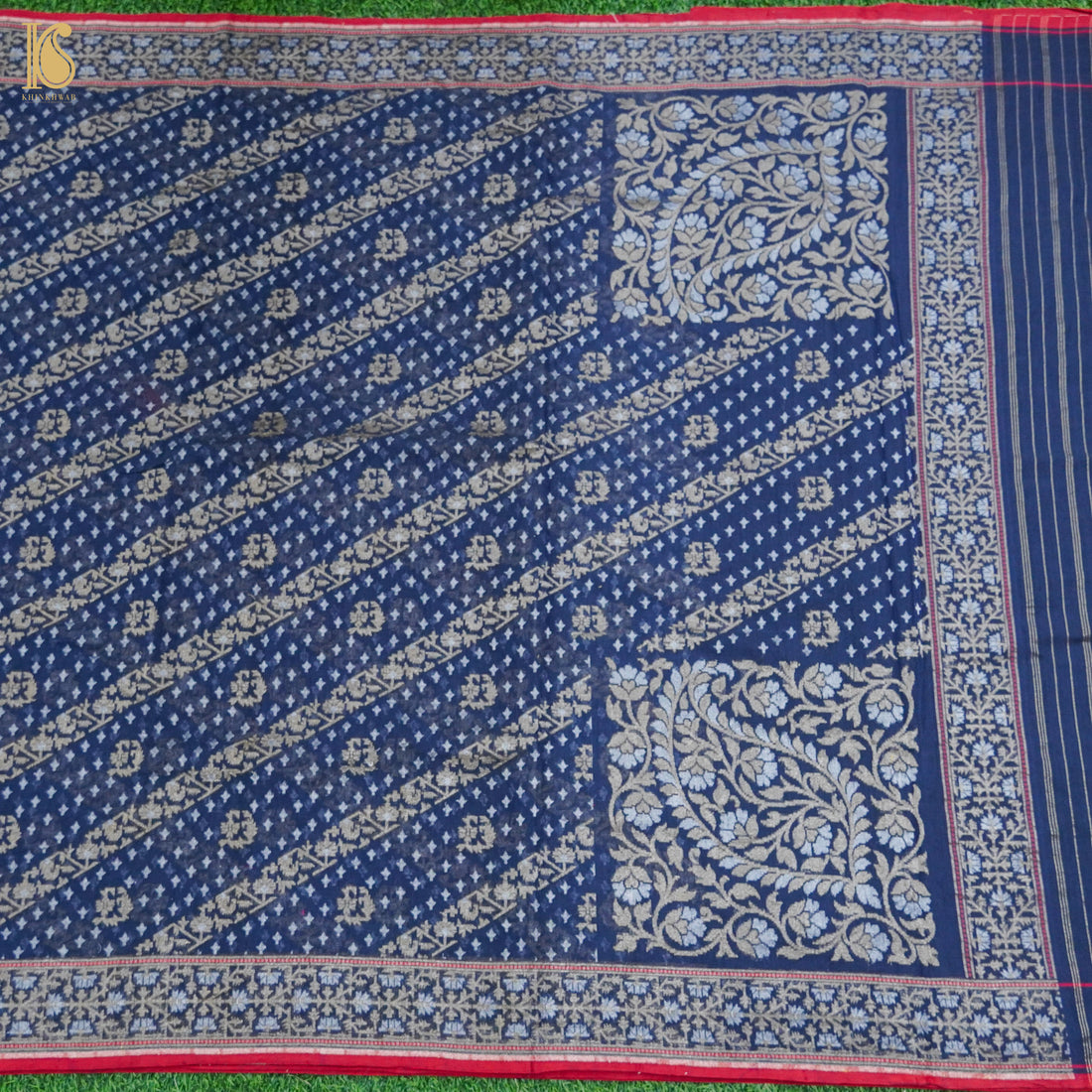 Blue Pure Cotton Handloom Banarasi Jamdani Ektara Saree - Khinkhwab