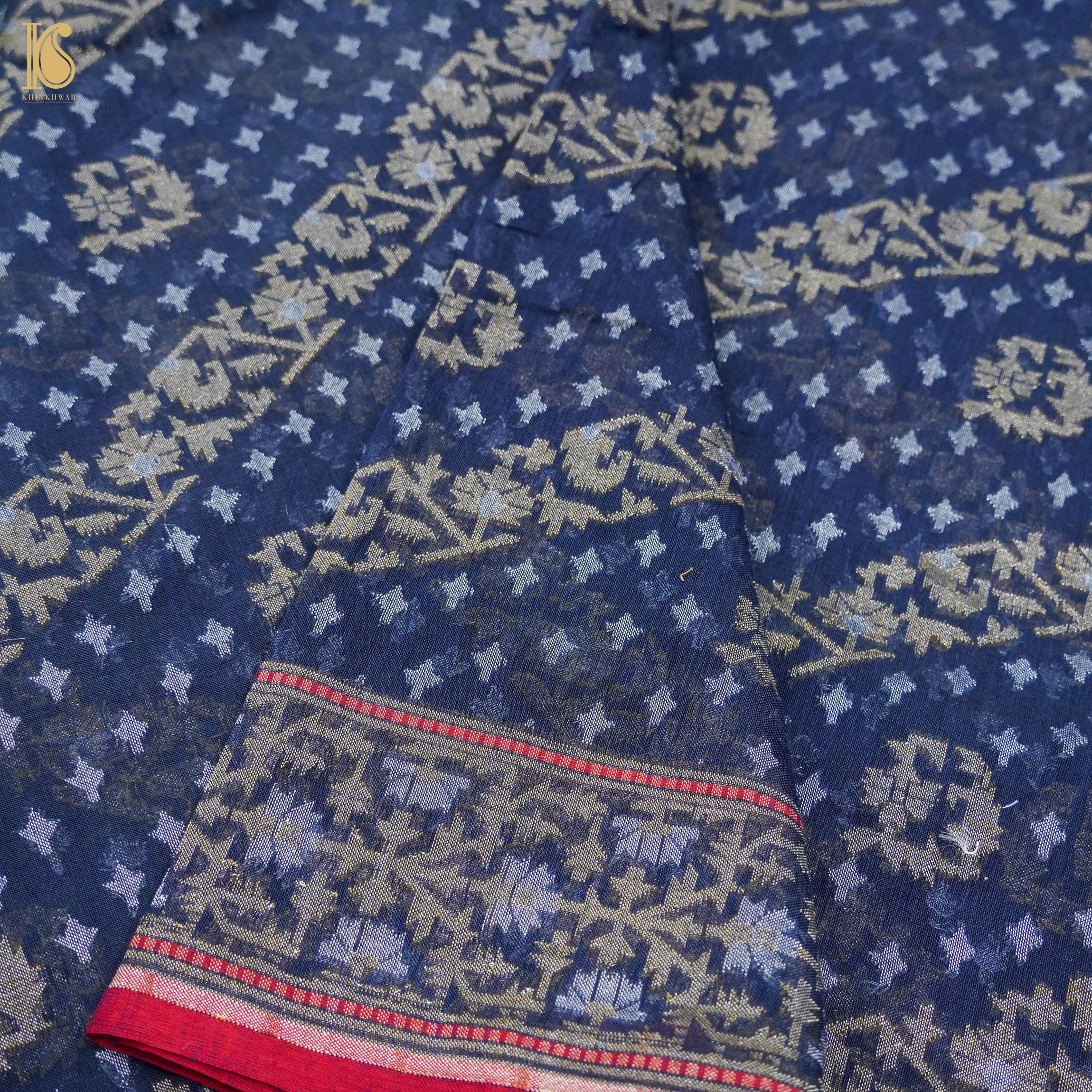 Blue Pure Cotton Handloom Banarasi Jamdani Ektara Saree - Khinkhwab
