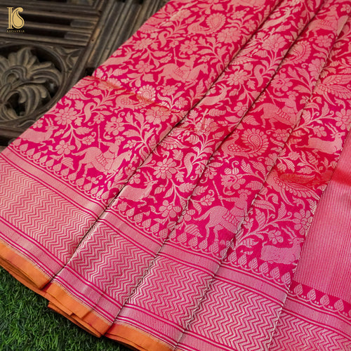 Crimson Pink Handloom Katan Silk Banarasi Shikargah Saree - Khinkhwab