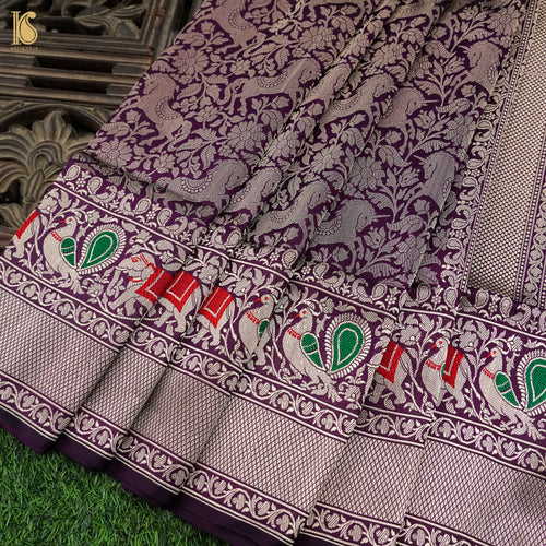 Pompadour Purple Handloom Katan Silk Banarasi Shikargah Saree - Khinkhwab