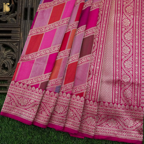 Ruby Pink Handwoven Pure Katan Silk Kadwa Banarasi Rangkat Saree - Khinkhwab