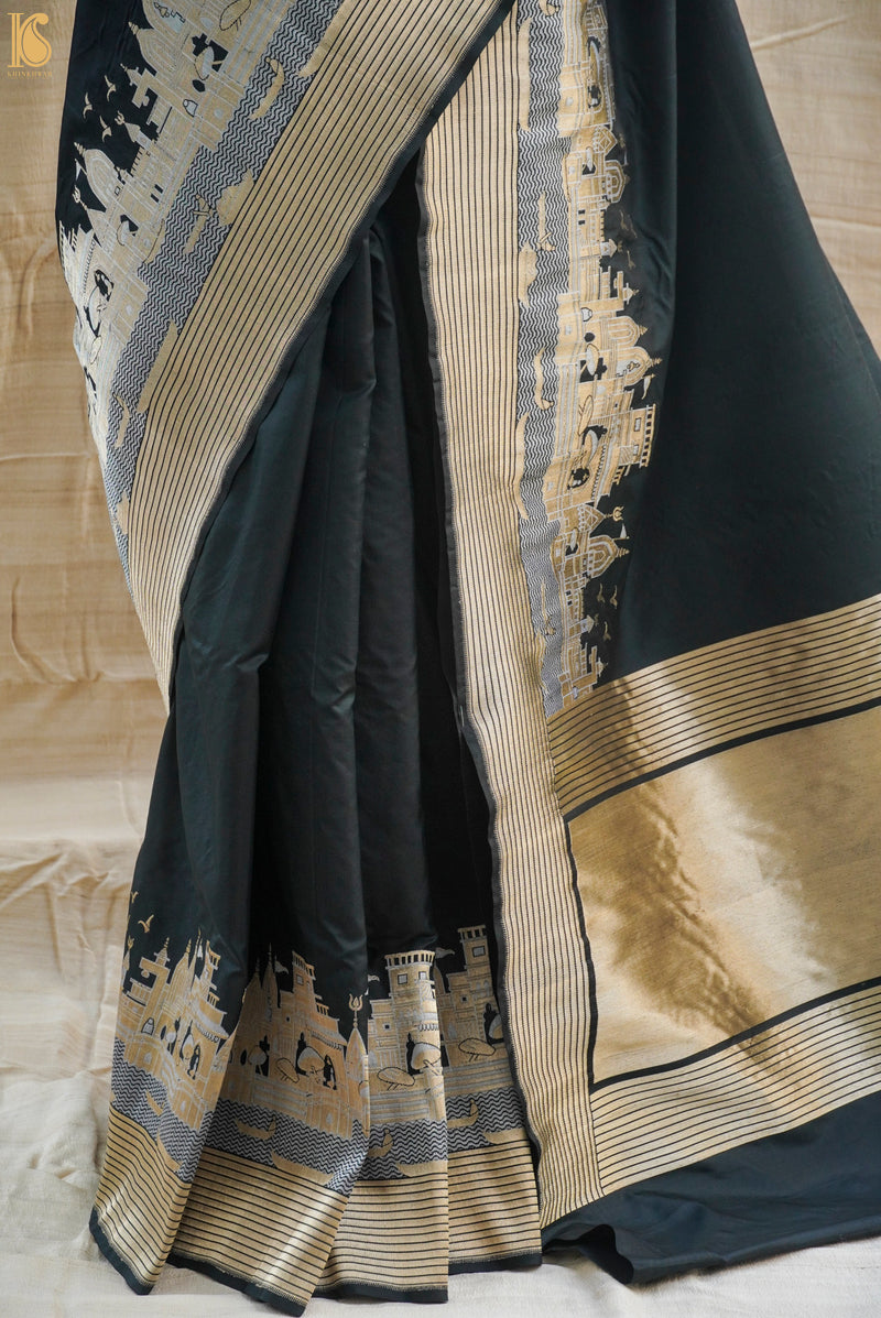Black Handwoven Pure Katan Silk Banaras Ghaat Saree - Khinkhwab