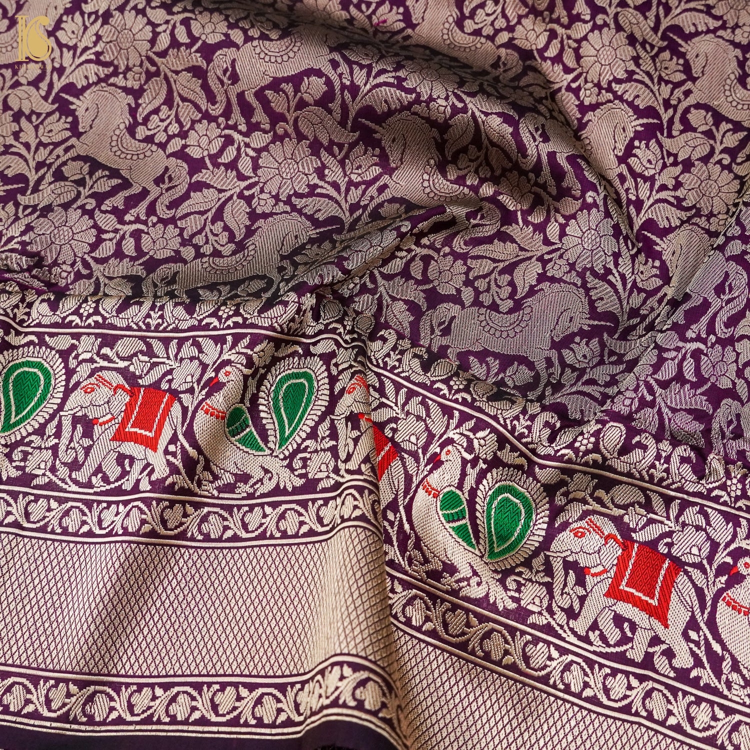 Pompadour Purple Handloom Katan Silk Banarasi Shikargah Saree - Khinkhwab