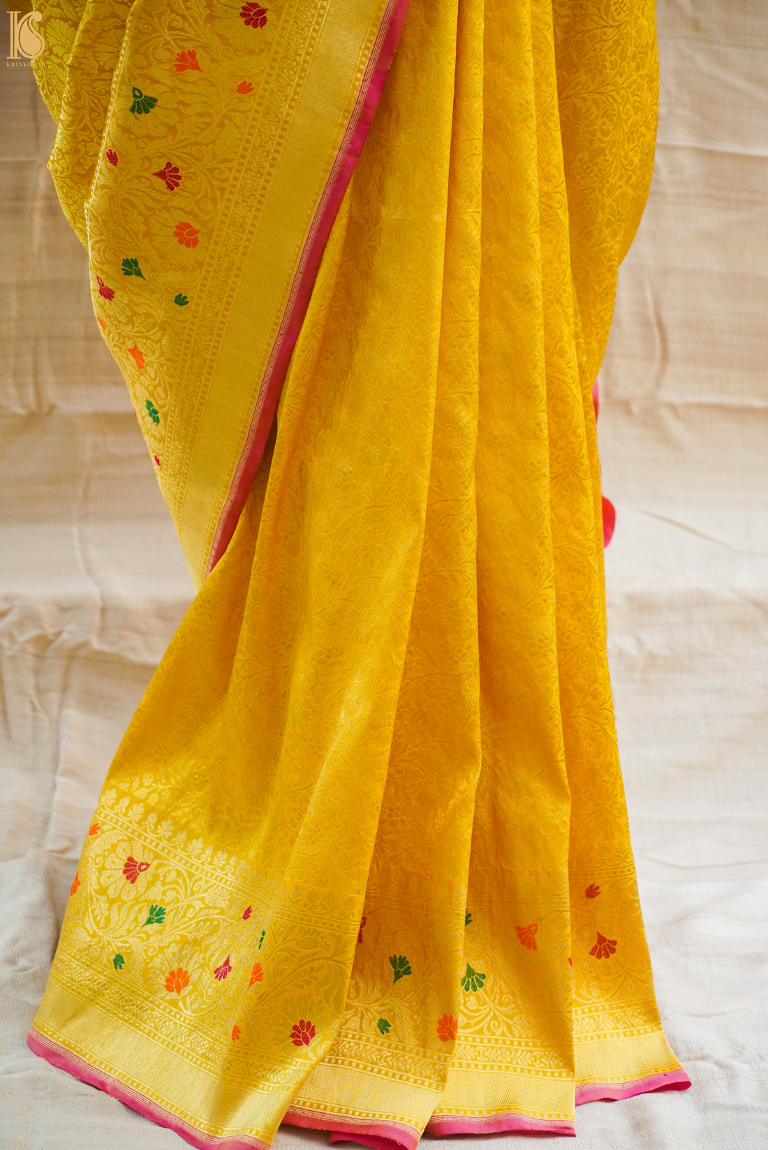 Handloom Pure Katan Silk Yellow Tanchoi Banarasi Saree - Khinkhwab
