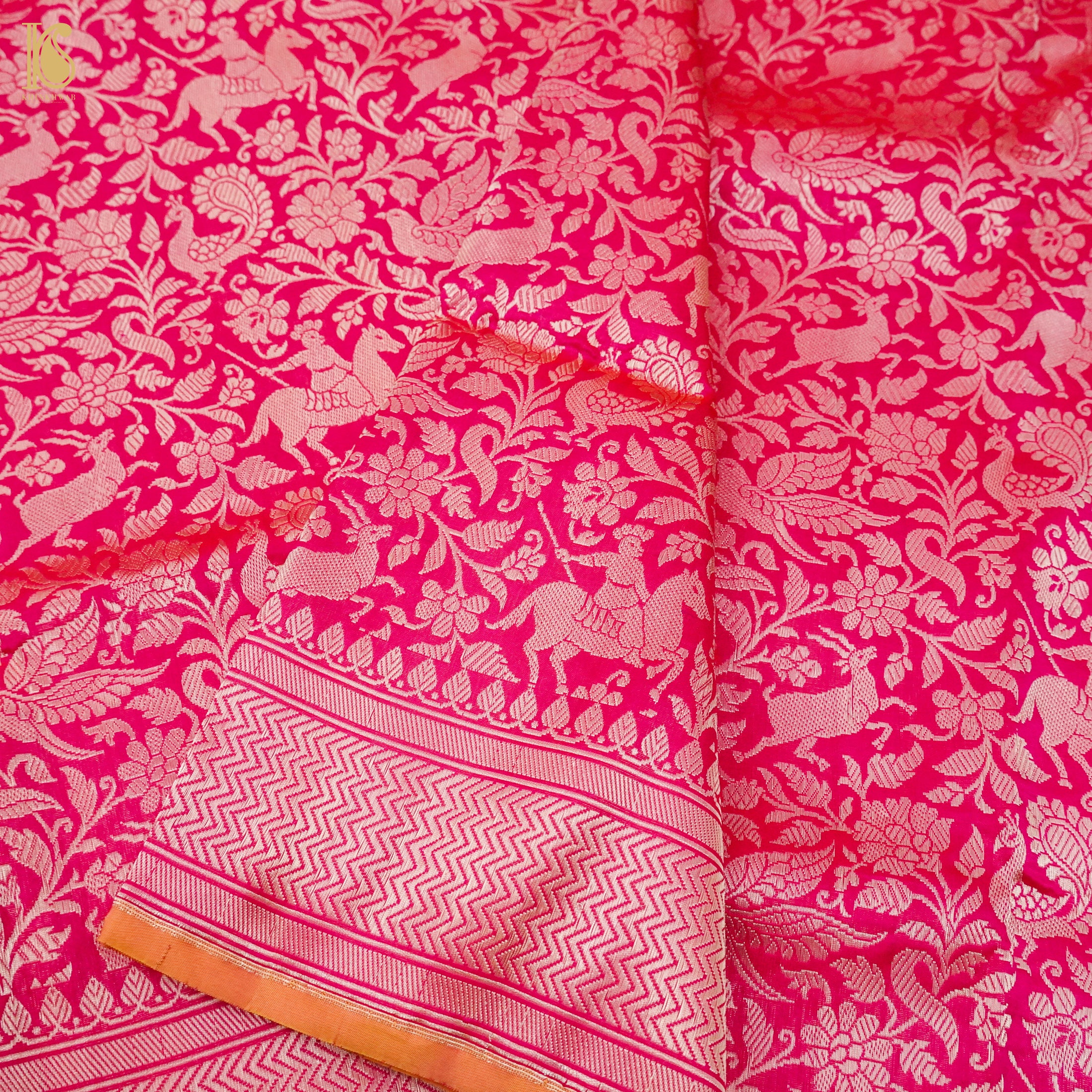 Crimson Pink Handloom Katan Silk Banarasi Shikargah Saree - Khinkhwab
