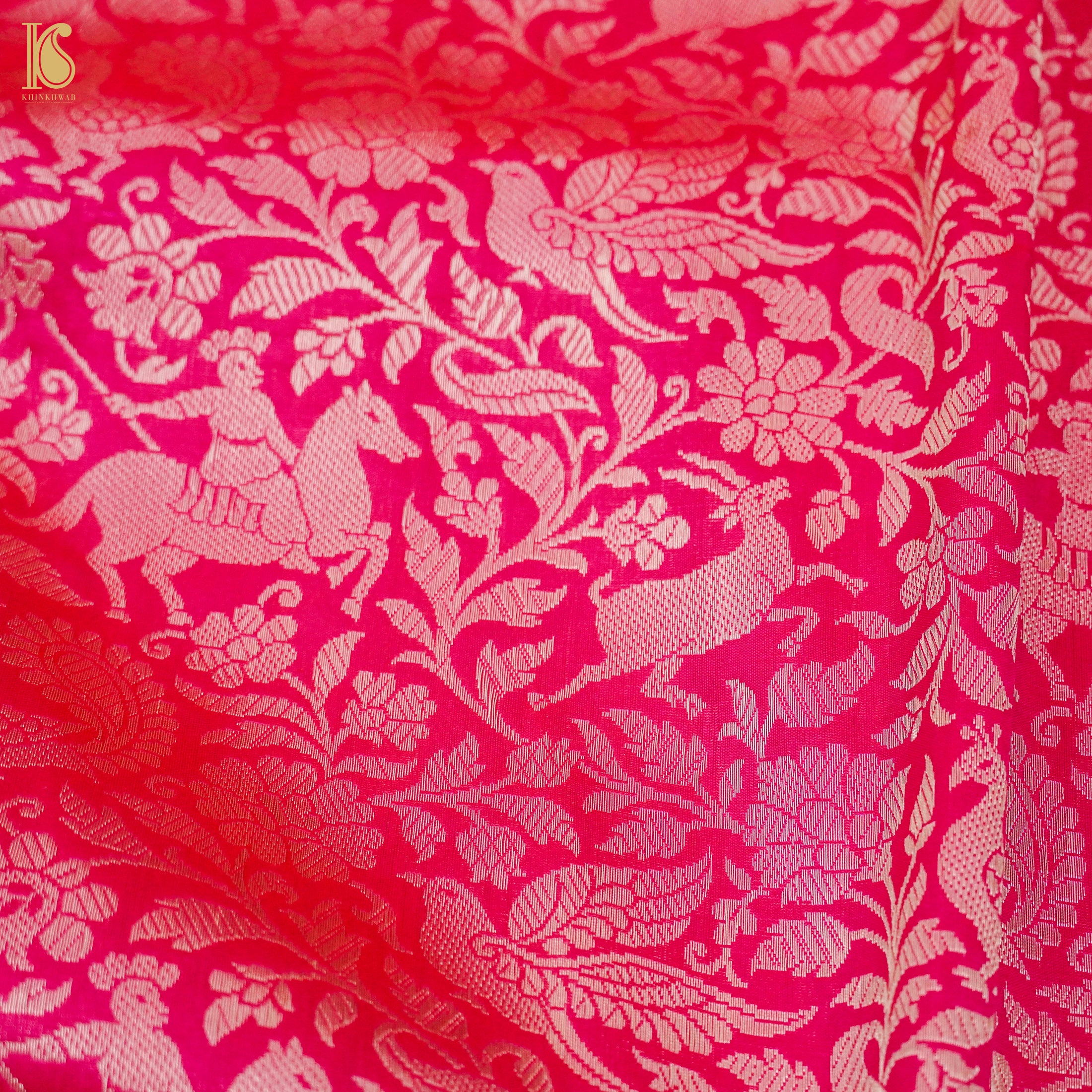 Crimson Pink Handloom Katan Silk Banarasi Shikargah Saree - Khinkhwab